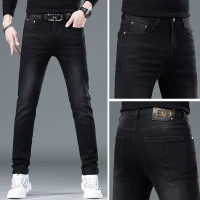 秋季黑色高端牛仔裤男士秋冬季新款弹力修身小直筒加厚长裤子
