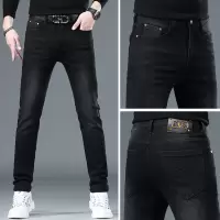 秋季黑色高端牛仔裤男士秋冬季新款弹力修身小直筒加厚长裤子