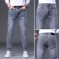 轻奢欧货春夏季新款潮牌印花修身牛仔裤男士百搭休闲小脚裤子