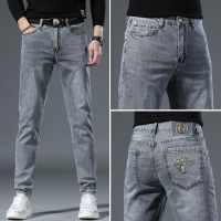 轻奢欧货蓝灰色牛仔裤男修身小脚休闲潮流弹力百搭潮牌杜美莎长裤