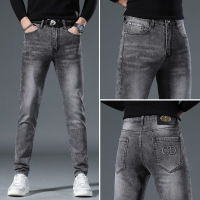 高端印花牛仔裤男秋冬季新款欧版潮流直筒修身小脚休闲长裤子