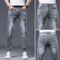 高端欧货牛仔裤男士潮牌夏季薄款百搭印花烫钻修身小脚休闲裤子男