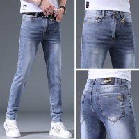 高端浅蓝色牛仔裤男士夏季薄款时尚潮牌弹力修身小脚休闲长裤子男