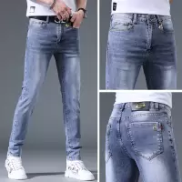 高端浅蓝色牛仔裤男士夏季薄款时尚潮牌弹力修身小脚休闲长裤子男
