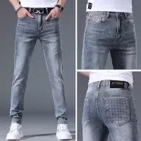 高端浅蓝色牛仔裤男士夏季薄款欧版刺绣潮流修身小脚休闲长裤子男