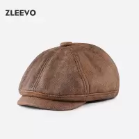 / 水洗做旧PU皮报童帽女士文艺复古画家帽男英伦八角帽