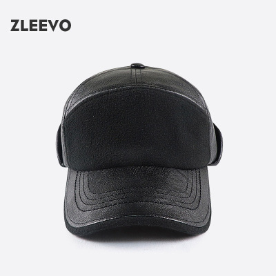 / 冬季护耳PU皮质棒球帽男士中老年保暖加绒鸭舌帽