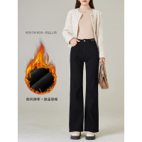 冬季新款牛仔裤女加绒高腰黑色显瘦微喇裤