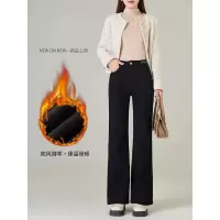 冬季新款牛仔裤女加绒高腰黑色显瘦微喇裤