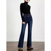 刺绣微喇牛仔裤女冬季复合绒高腰弹力显瘦加长拖地喇叭裤