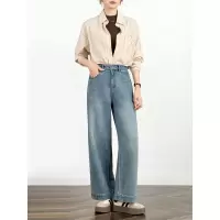 加绒加厚冬季刺绣牛仔裤女宽松高腰弹力柔软九分阔腿裤