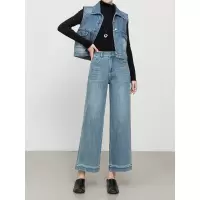 宽松高腰弹力柔软九分阔腿裤冬季加绒加厚刺绣牛仔裤女