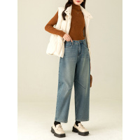 年冬季新加绒加厚刺绣哈伦牛仔裤女高腰九分萝卜裤