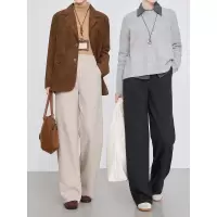 年冬季新款高腰抽绳休闲长裤松紧腰羊毛复合直筒裤女