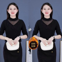 妈妈打底衫蕾丝加绒秋冬装半高领内搭长袖上衣洋气新款中老年女装