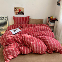 ins风混搭条纹牛奶绒四件套简约加厚双面绒床单被套学生宿舍套件