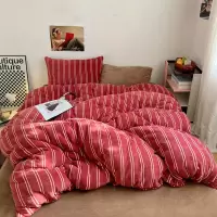 ins风混搭条纹牛奶绒四件套简约加厚双面绒床单被套学生宿舍套件
