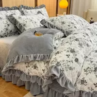 冬季赫本风牛奶绒床上四件套加厚保暖花边床盖毛绒被套床单三件套