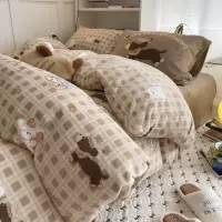 可爱卡通风刺绣保暖双面牛奶绒四件套抗静电加厚被套床品家纺
