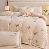 A类轻奢牛奶绒床上四件套刺绣床单被套秋冬加厚珊瑚法莱绒床品
