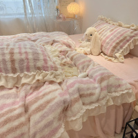 公主风花边兔毛泰迪绒牛奶绒床上四件套秋冬加厚珊瑚绒床单三件套