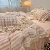 公主风花边兔毛泰迪绒牛奶绒床上四件套秋冬加厚珊瑚绒床单三件套