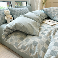 格子无印华夫格床上四件套全棉水洗棉床单被套纯棉被罩三件套床品