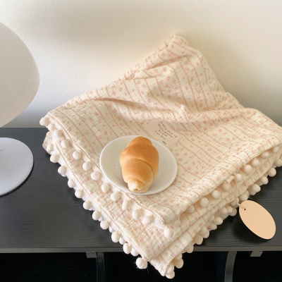 ins可爱儿童球球全棉纱布舒棉绒毛毯宝宝午睡车载空调盖腿小毯子