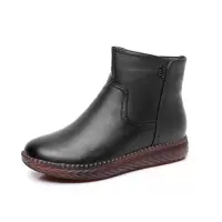 真皮妈妈棉鞋女25冬保暖加绒中老年防滑软底厚绒圆头复古平底短靴