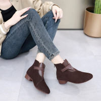 复古尖头短靴女秋冬新款磨砂真皮女靴粗跟软底中跟马丁靴棉鞋