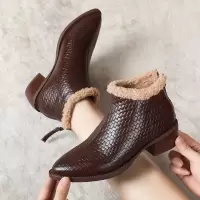 头层牛皮毛毛靴粗跟保暖短靴女25秋冬新款女加绒棉靴简约压花棉鞋