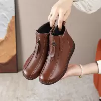 真皮软底短靴女平底25新款羊毛里女靴圆头软皮女鞋冬季加绒女棉鞋