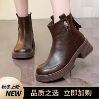 秋冬真皮圆头厚底马丁靴加绒舒适粗跟短靴复古风软底女鞋棉鞋