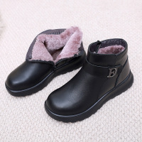 中老年妈妈宽版短靴冬季女平底防滑加厚绒保暖软底软面老人皮棉鞋