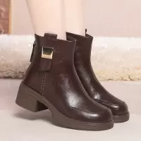 年秋季新款圆头复古粗跟后拉链马丁靴