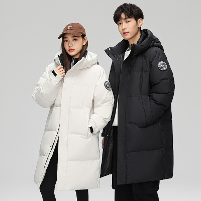 男装冬季中长款白鸭绒羽绒服男连帽大衣情侣款加厚保暖过膝外套男