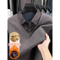 冬季保暖打底衫男假两件加绒加厚T恤中年男士商务休闲衬衫领上衣