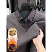 冬季保暖打底衫男假两件加绒加厚T恤中年男士商务休闲衬衫领上衣