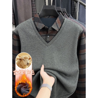 冬季假两件男士T恤一体绒加绒打底衫中老年衬衫领加厚保暖上衣男