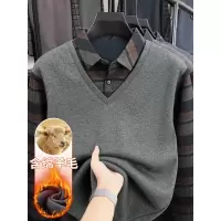 冬季假两件男士T恤一体绒加绒打底衫中老年衬衫领加厚保暖上衣男