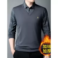 冬季新款T恤加绒假两件纯色翻领男装商务休闲宽松加厚保暖打底衫