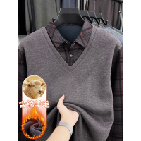 冬季新款男士T恤一体绒假两件保暖打底衫加绒加厚衬衫领Polo衫男