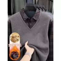 冬季新款男士T恤一体绒假两件保暖打底衫加绒加厚衬衫领Polo衫男