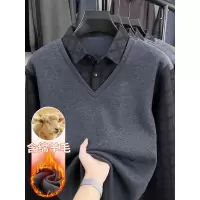 冬装新款假两件T恤男加厚衬衫领保暖针织衫拼色休闲服加绒打底衫