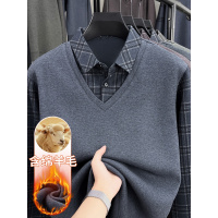 男士假两件T恤秋冬一体绒衬衫领打底衫拼色加绒加厚保暖男针织衫