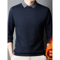 秋冬T恤男加厚保暖假两件长袖加绒针织衫新款潮流休闲男装打底衫