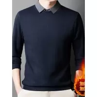 秋冬T恤男加厚保暖假两件长袖加绒针织衫新款潮流休闲男装打底衫