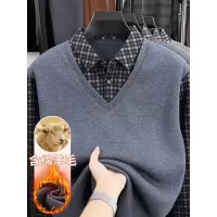 秋冬新款T恤男加绒保暖假两件上衣中年爸爸衬衫领加厚外穿打底衫