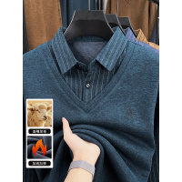 秋冬装长袖T恤男中老年加绒加厚假两件针织衫潮流休闲百搭打底衫