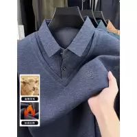 长袖T恤男中老年假两件加绒加厚休闲秋冬装保暖内搭打底衫衬衫领